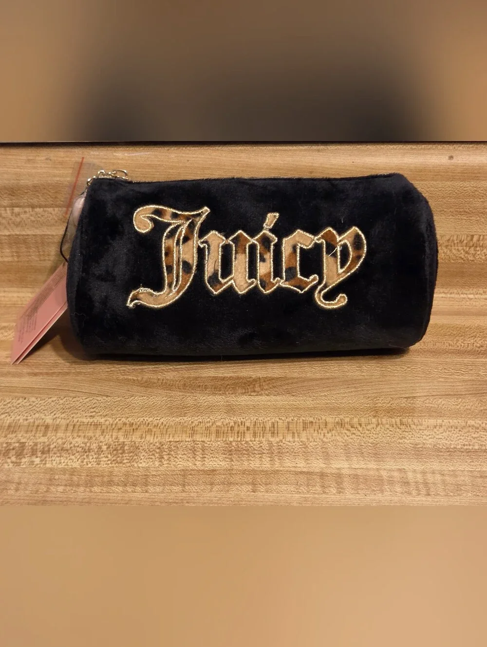 Juicy Couture NWT Black Barrel Cosmetic Bag W/ Leopard Writing